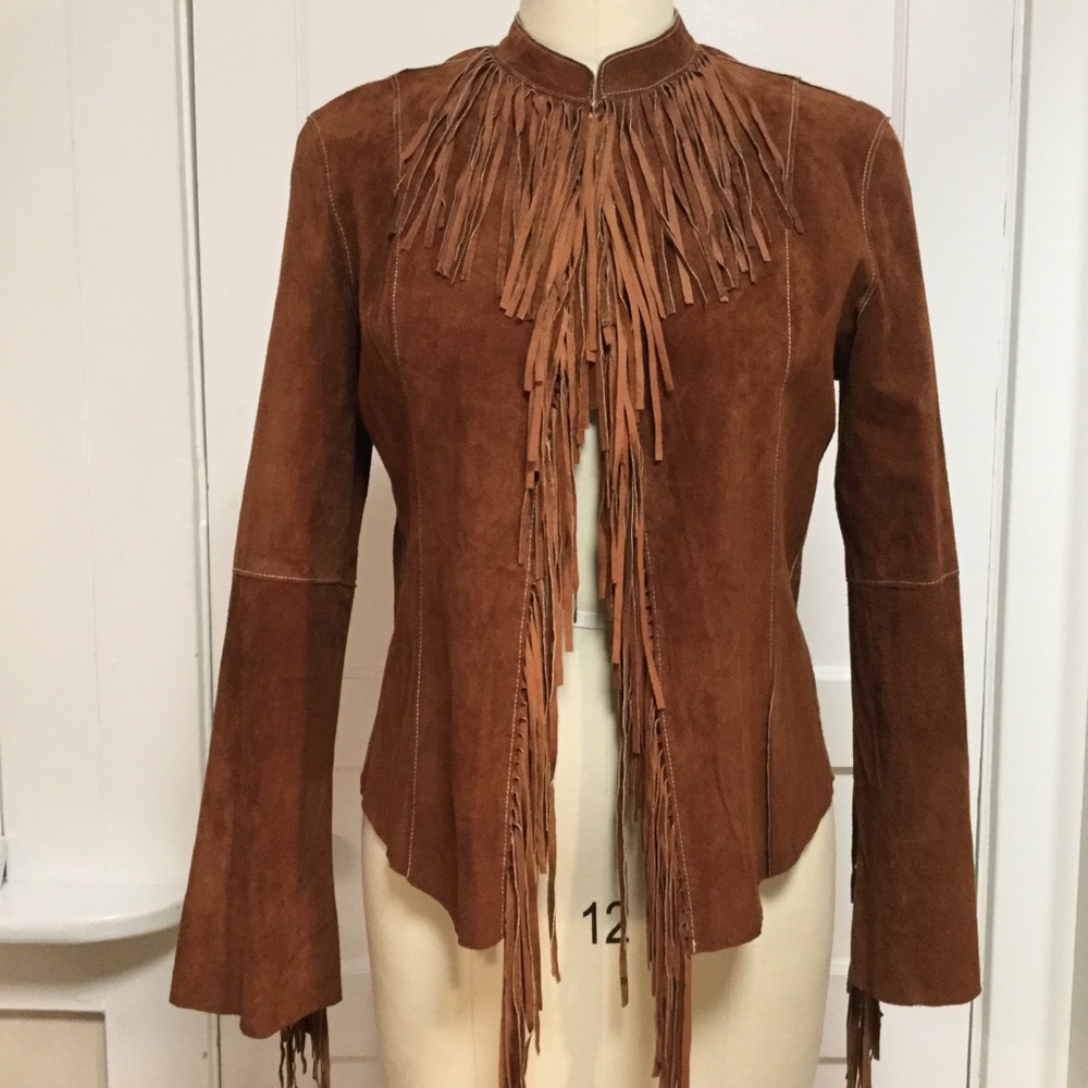 NWOT bebe suede unlined fringed jacket Sz L